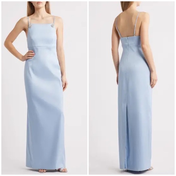 New Sachin & Babi Pryce Crystal Strap Detail Vertical Stretch Mikado Column Gown - Picture 2 of 16